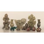 A COLLECTION OF CHINESE CARVED SOAP STONE SCULPTURES Along with a malachite elephant, figurines