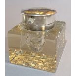 A RARE AND UNUSUAL EDWARDIAN SILVER AND CUT GLASS INKWELL/DESK CLOCK The hinged lid containing an