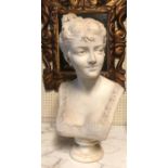 A 19TH CENTURY WHITE MARBLE PORTRAIT BUST OF A YOUNG LADY. (56cm)