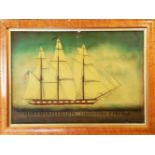 A 20TH CENTURY REVERSE GLASS PICTURE Of the 'Uss Constitution', a three marked clipper, in a maple