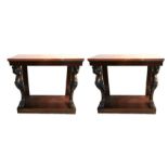 A PAIR OF 18TH CENTURY AND LATER CONSOLE TABLES With rouge marble tops above leopard columns,