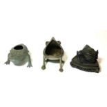 THREE ANTIQUE FAR EASTERN BRONZE STATUES OF FROGS. (largest 9cm)