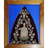 A 19TH CENTURY FRENCH GILT EMBROIDERED PICTURE Of a Bishop, framed. (59.5cm x 47cm)