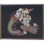 A COLLECTION OF THAI SILK ART PICTURES Including Ravana with chariot and musicians, framed and