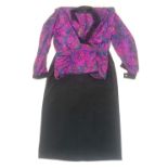 PIERRE CARDIN, A VINTAGE JACKET AND SKIRT SET Having a purple floral design with plain black