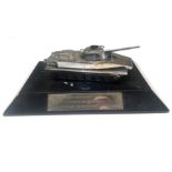 A HEAVY CHROME PLATED DESK MODEL OF A BRITISH ARMY TANK On wooden base, with presentation