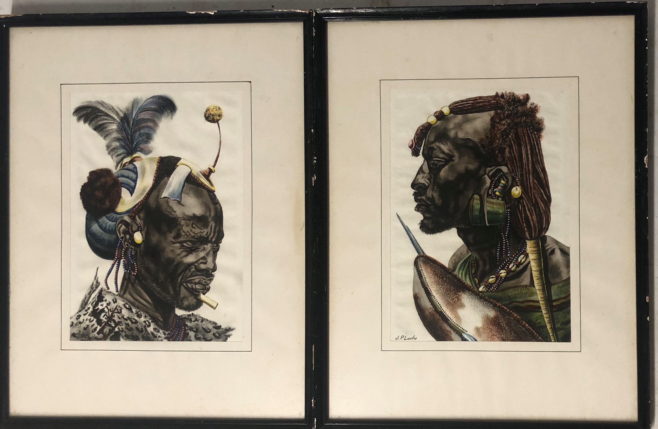 J P LUDU, KAMPALA, A PAIR OF WATERCOLOURS Tribal warriors Signed mounted framed and glazed 46 x 59 - Image 4 of 7