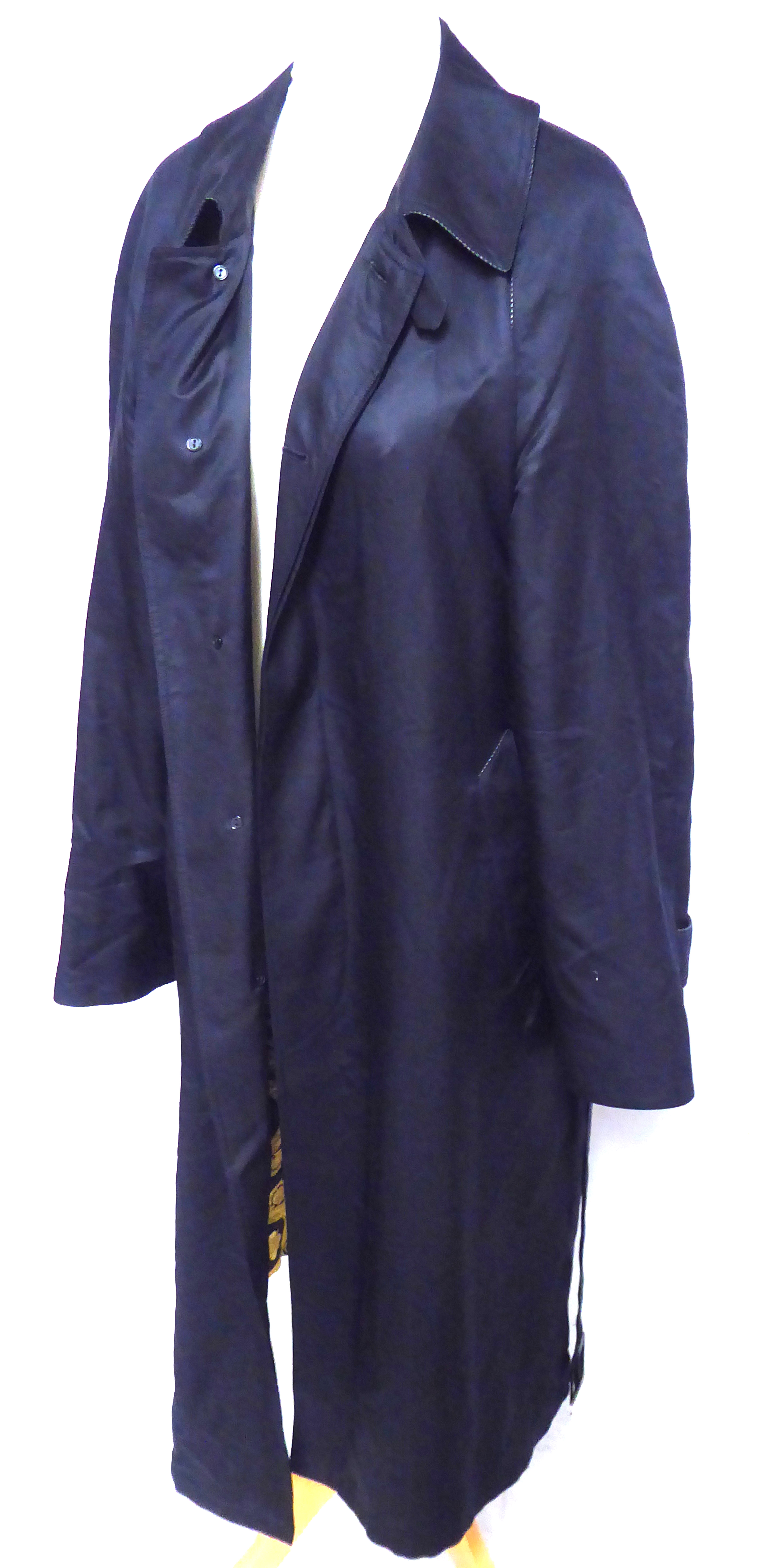 TWO VINTAGE LARGE GENT'S COATS Black silk Bruin's for Harrod's with gilt lining and a purple