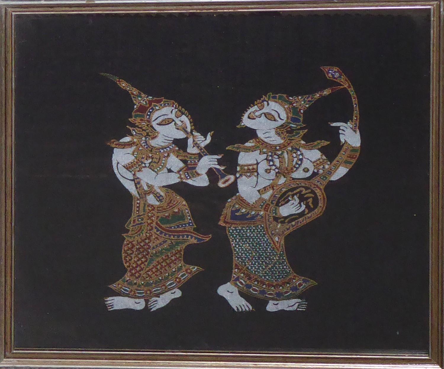 A COLLECTION OF THAI SILK ART PICTURES Including Ravana with chariot and musicians, framed and - Image 2 of 5