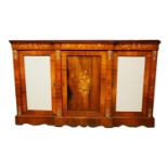 A VICTORIAN WALNUT AND FLORAL MARQUETRY INLAID BREAKFRONT SIDE CABINET With central panelled door