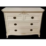 A CHEST OF TWO SHORT ABOVE TWO LONG DRAWERS Raised on squat cabriole legs, in a cream finish. (122cm