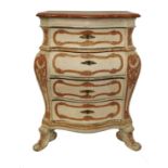 A DECORATIVE 18TH CENTURY ITALIAN PAINTED AND PARCEL GILT SERPENTINE BOMBE COMMODE CHEST Of four