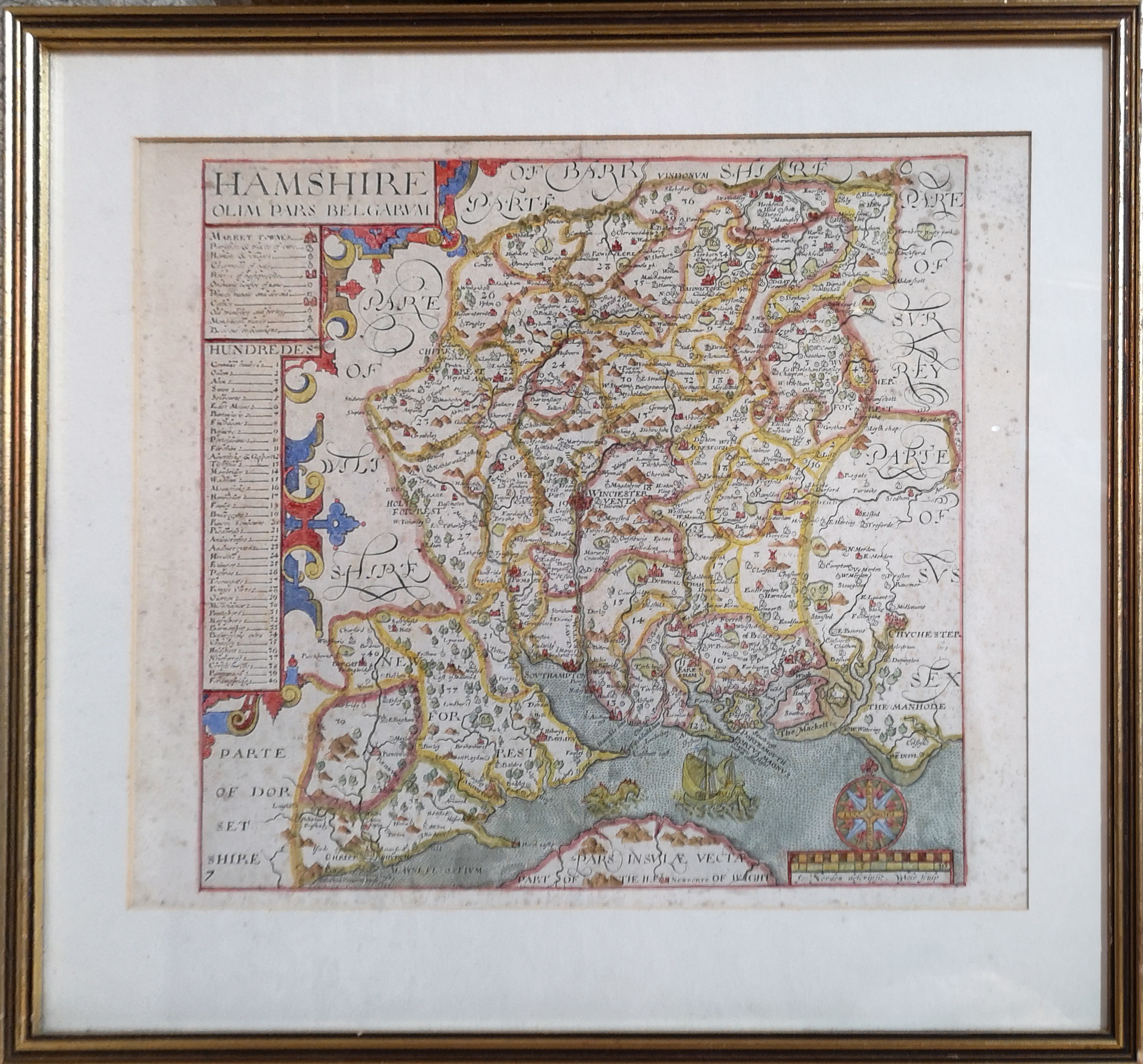 AN ANTIQUE HAND COLOURED ENGRAVING, MAP OF HAMPSHIRE Printed by John Norden. Bearing a gallery label - Image 2 of 3