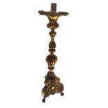 A LARGE EARLY 20TH CENTURY DUTCH PRICKET CANDLESTICK Having embossed floral decoration, on tripod