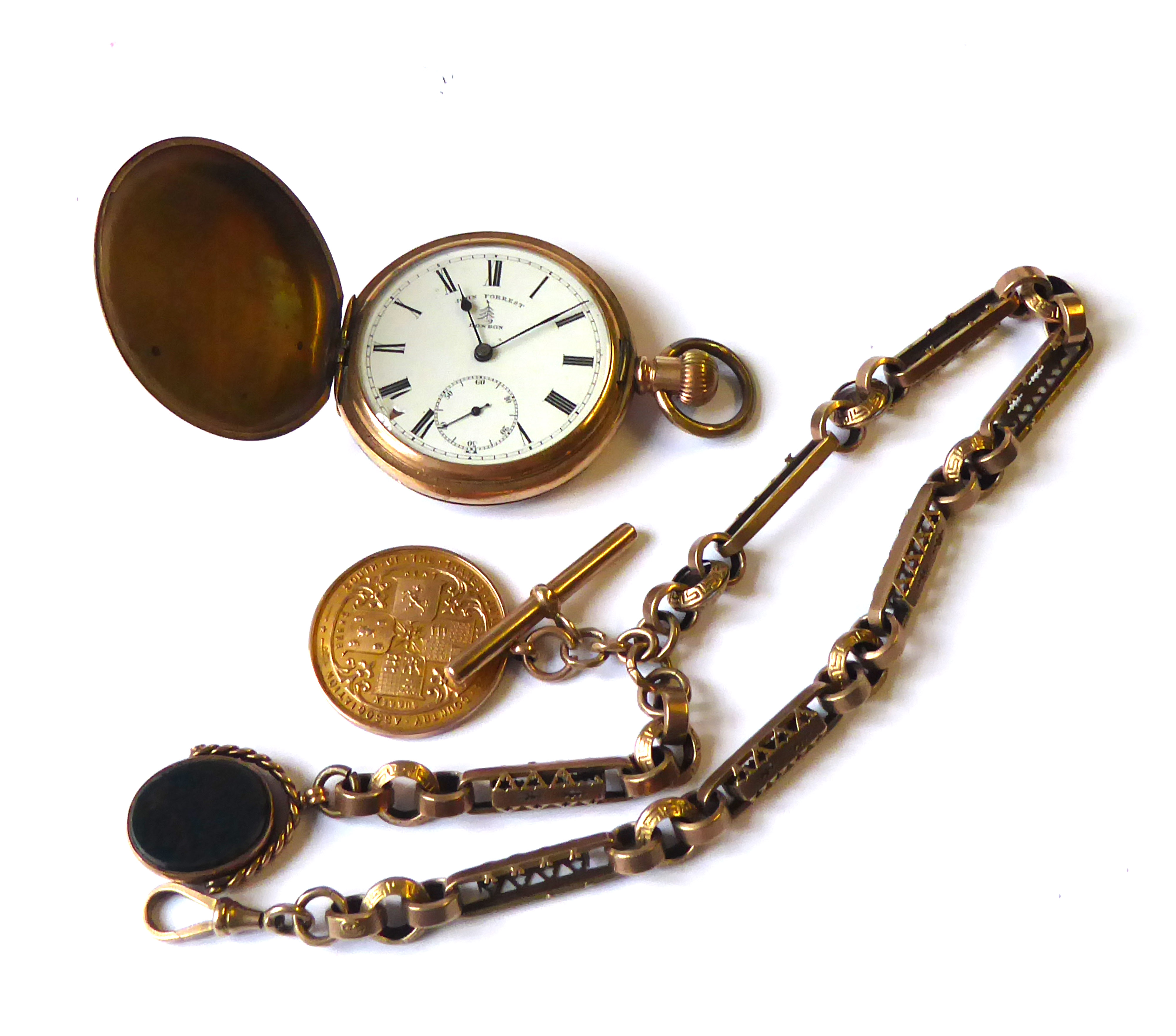 A VICTORIAN 9CT GOLD ALBERT WATCH CHAIN, MEDALLION AND SWIVEL FOB Fancy link chain with dog clasp