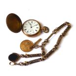 A VICTORIAN 9CT GOLD ALBERT WATCH CHAIN, MEDALLION AND SWIVEL FOB Fancy link chain with dog clasp