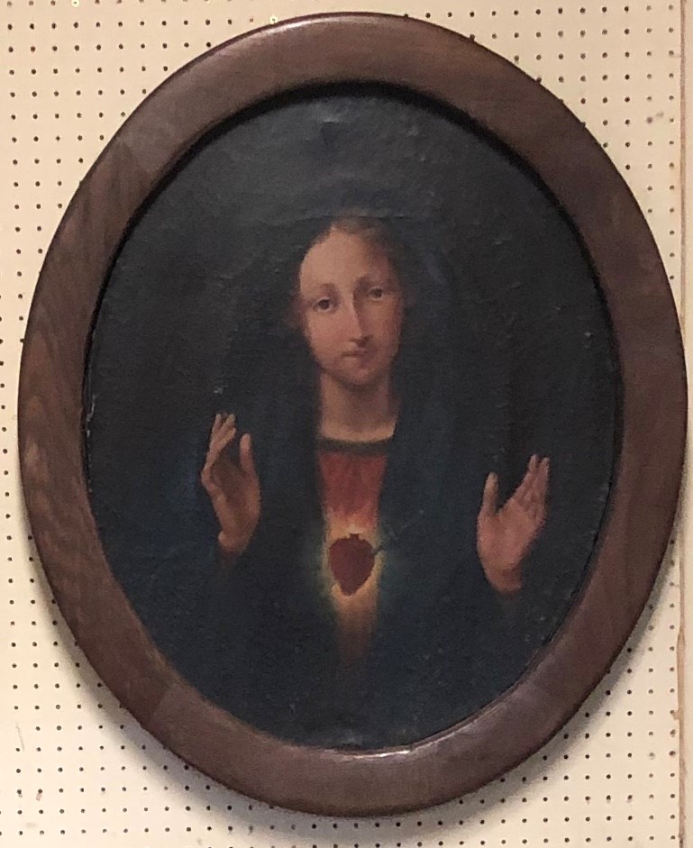 A 19TH CENTURY CONTINENTAL SCHOOL OVAL OIL ON CANVAS Madonna, in deep cushion oak frame. (58cm x