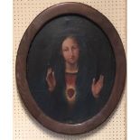 A 19TH CENTURY CONTINENTAL SCHOOL OVAL OIL ON CANVAS Madonna, in deep cushion oak frame. (58cm x