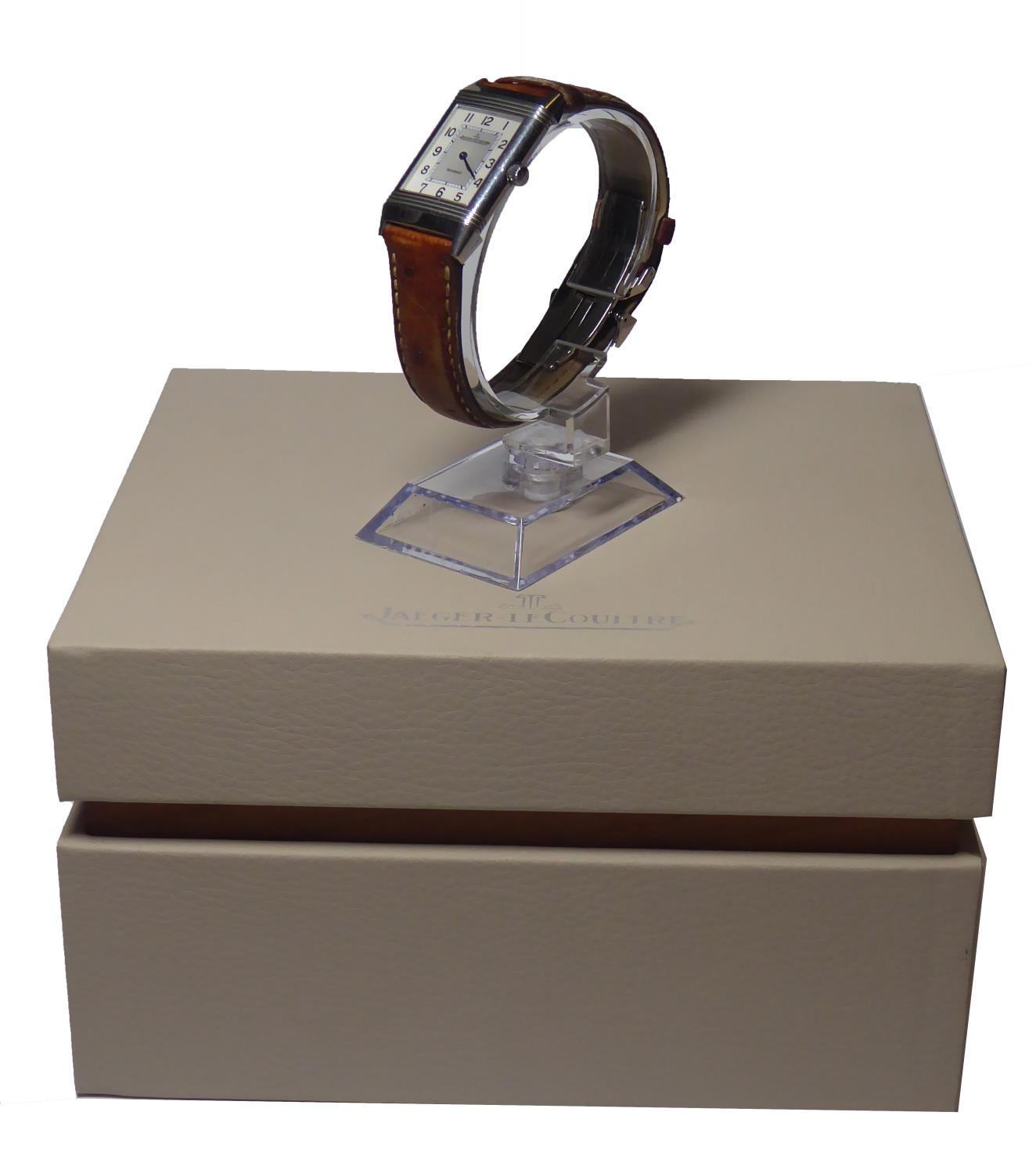 JAGUER LE COULTRE, A GENTLEMAN'S STAINLESS STEEL REVERSO WATCH On tan leather strap, boxed with - Image 2 of 5