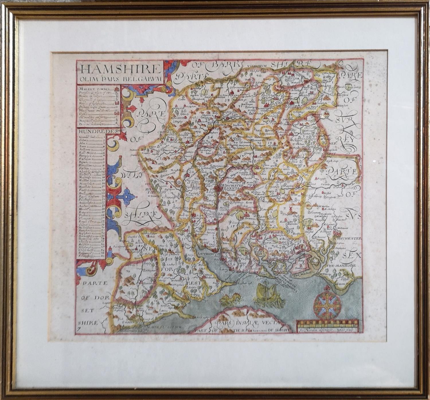 AN ANTIQUE HAND COLOURED ENGRAVING, MAP OF HAMPSHIRE Printed by John Norden. Bearing a gallery label - Image 3 of 3