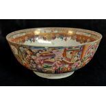 A CHINESE EXPORT PORCELAIN ROSE PUNCH BOWL Hand painted with an exotic garden scene in gilt