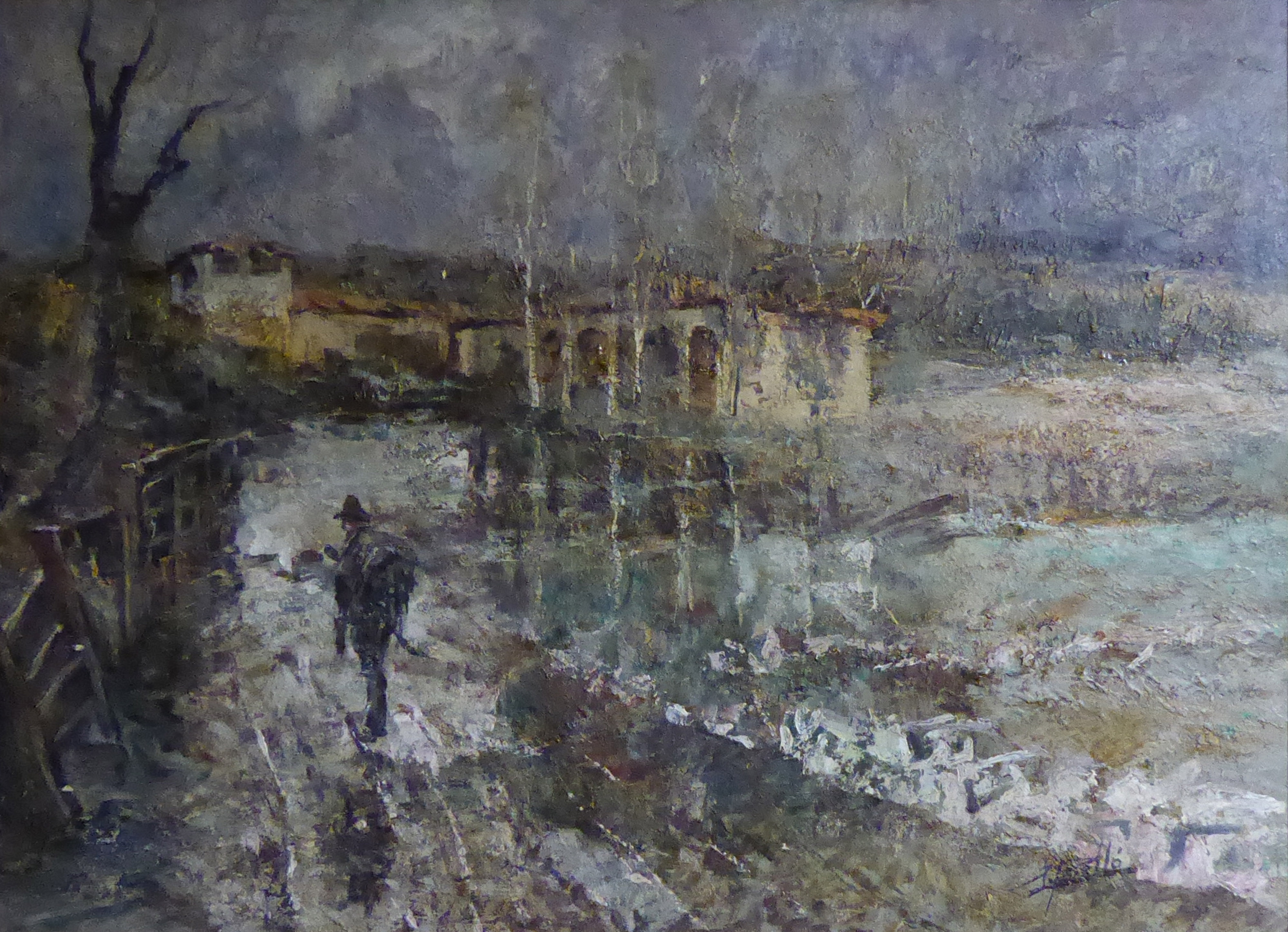 A LARGE MID 20TH CENTURY CONTINENTAL IMPRESSIONIST OIL ON CANVAS Landscape, figure near a villa,