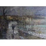 A LARGE MID 20TH CENTURY CONTINENTAL IMPRESSIONIST OIL ON CANVAS Landscape, figure near a villa,