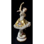 A LATE 19TH/EARLY 20TH CENTURY VOLKSTEDT PORCELAIN FIGURINE Ballerina with gilt skirt and lace