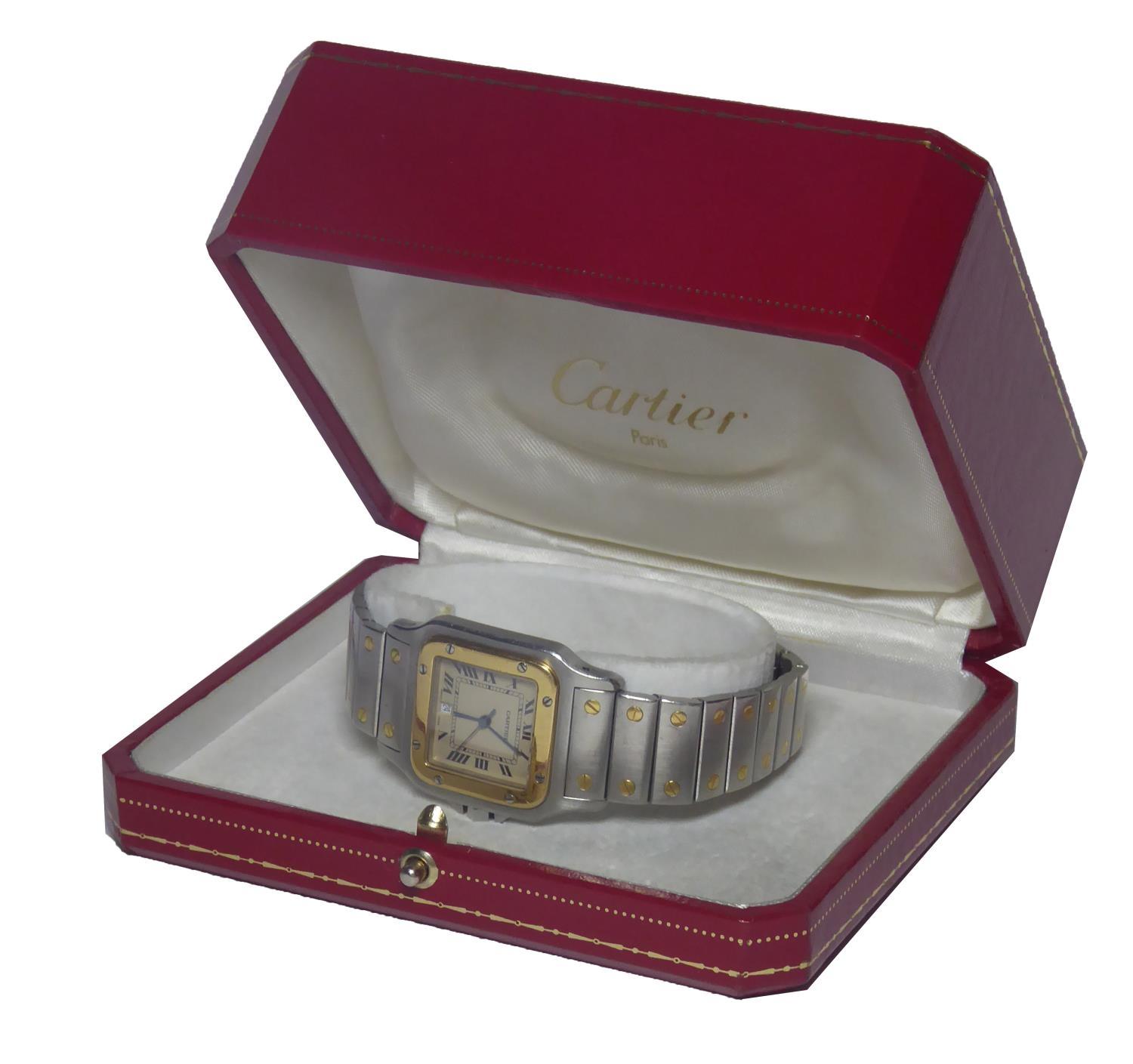 CARTIER, SANTOS, A GENTLEMAN'S TWO TONE BRACELET WATCH Boxed. - Image 2 of 2