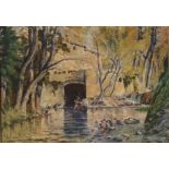 AN EARLY 20TH CENTURY CONTINENTAL SCHOOL PASTEL Washer women in a riverside landscape Framed and