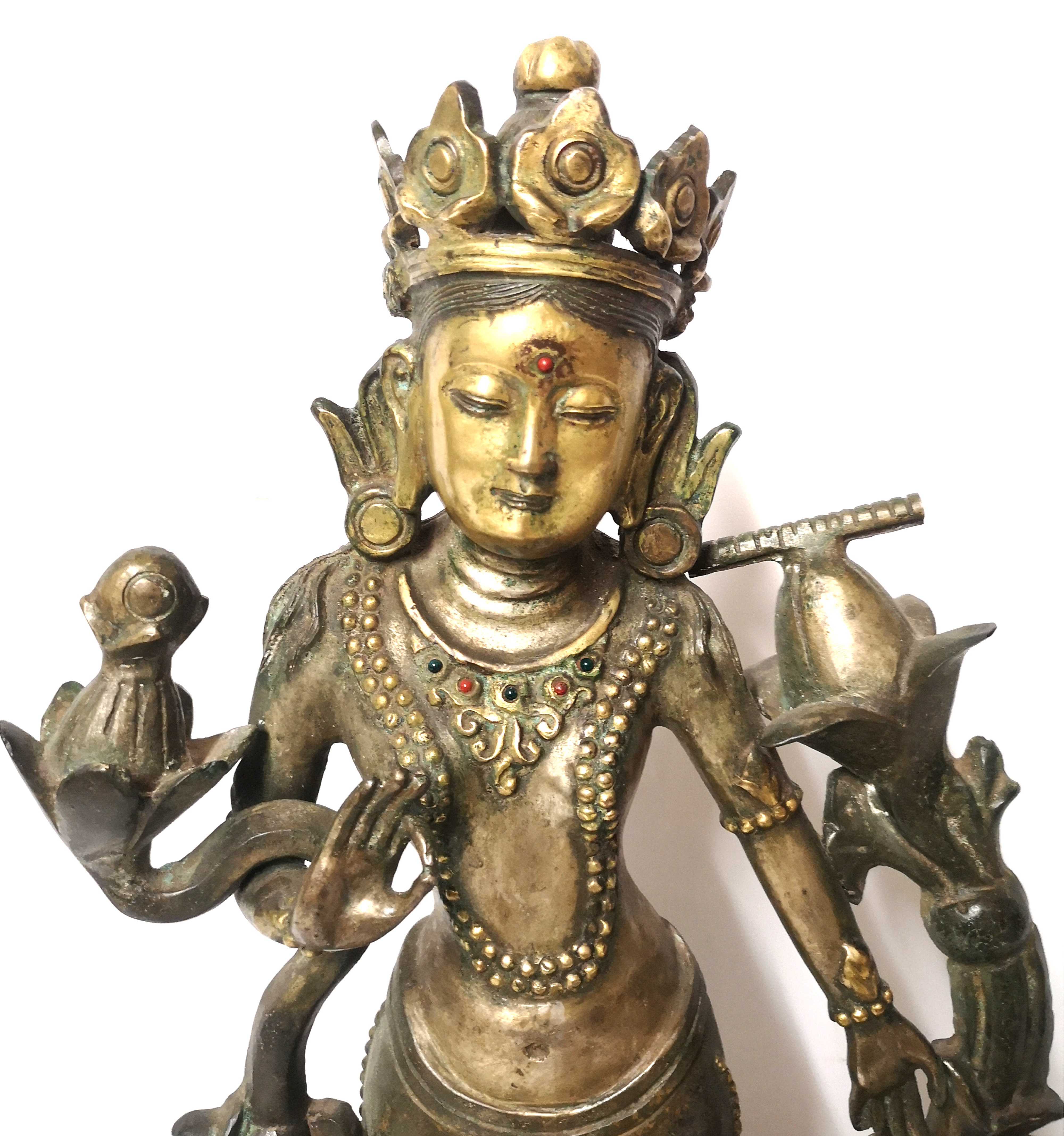 A LARGE TIBETAN BRONZE FIGURE OF A DEITY Standing on a lotus flower base, the collar set with - Image 2 of 4