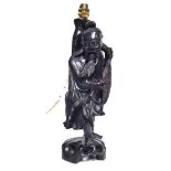 A CHINESE CARVED WOODEN FIGURAL LAMP An elder fisherman Approx 40cm