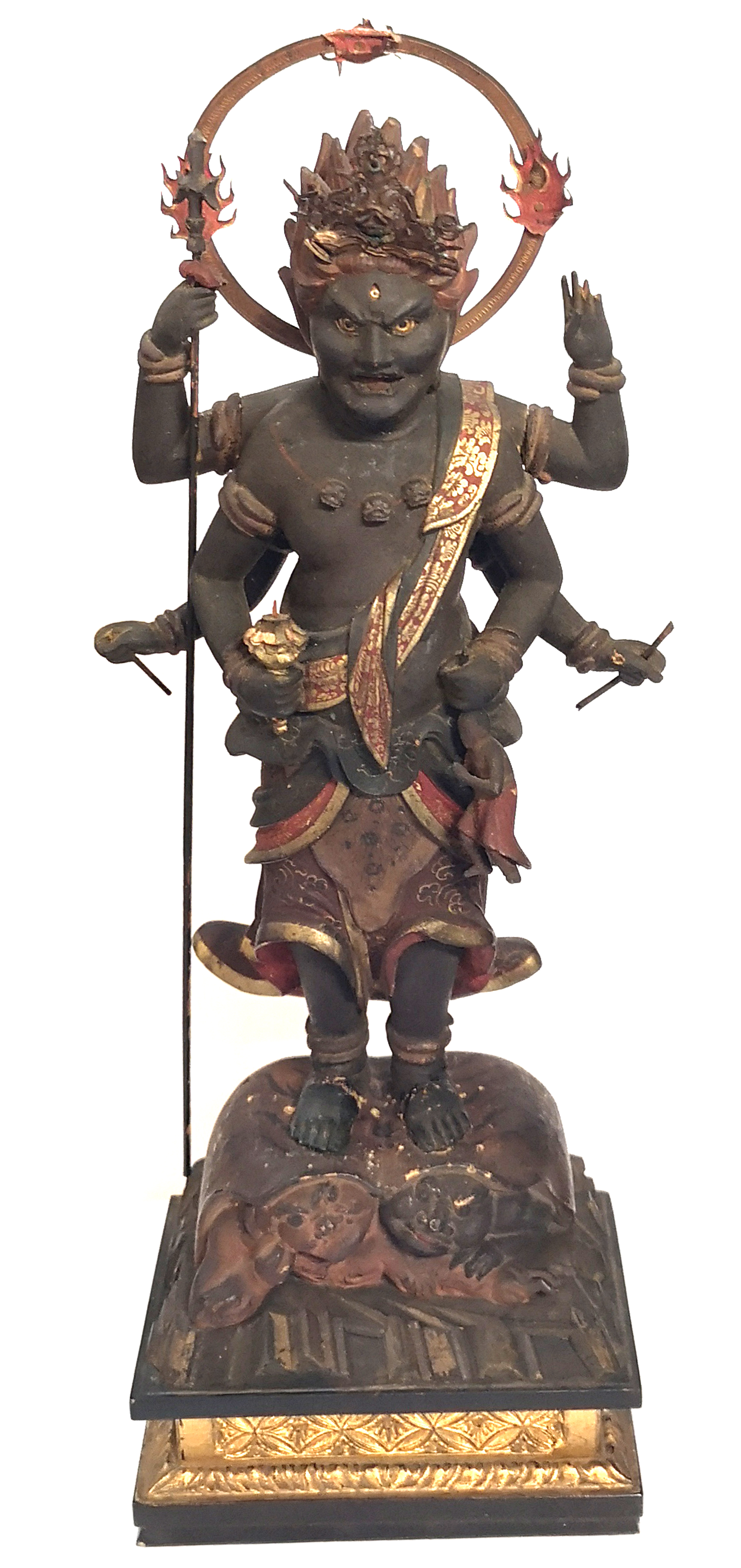 A JAPANESE EDO CARVED WOODEN AND POLYCHROME DEITY STATUE AND SHRINE Standing pose with two