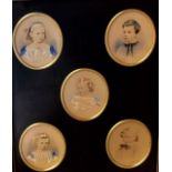 A SET OF FIVE LATE 19TH/EARLY 20TH CENTURY OVAL PORTRAIT MINIATURES Mounted an framed as one,