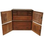 A RARE 19TH CENTURY CASED TEAK COLONIAL CAMPAIGN CHEST In two sections with an arrangement of