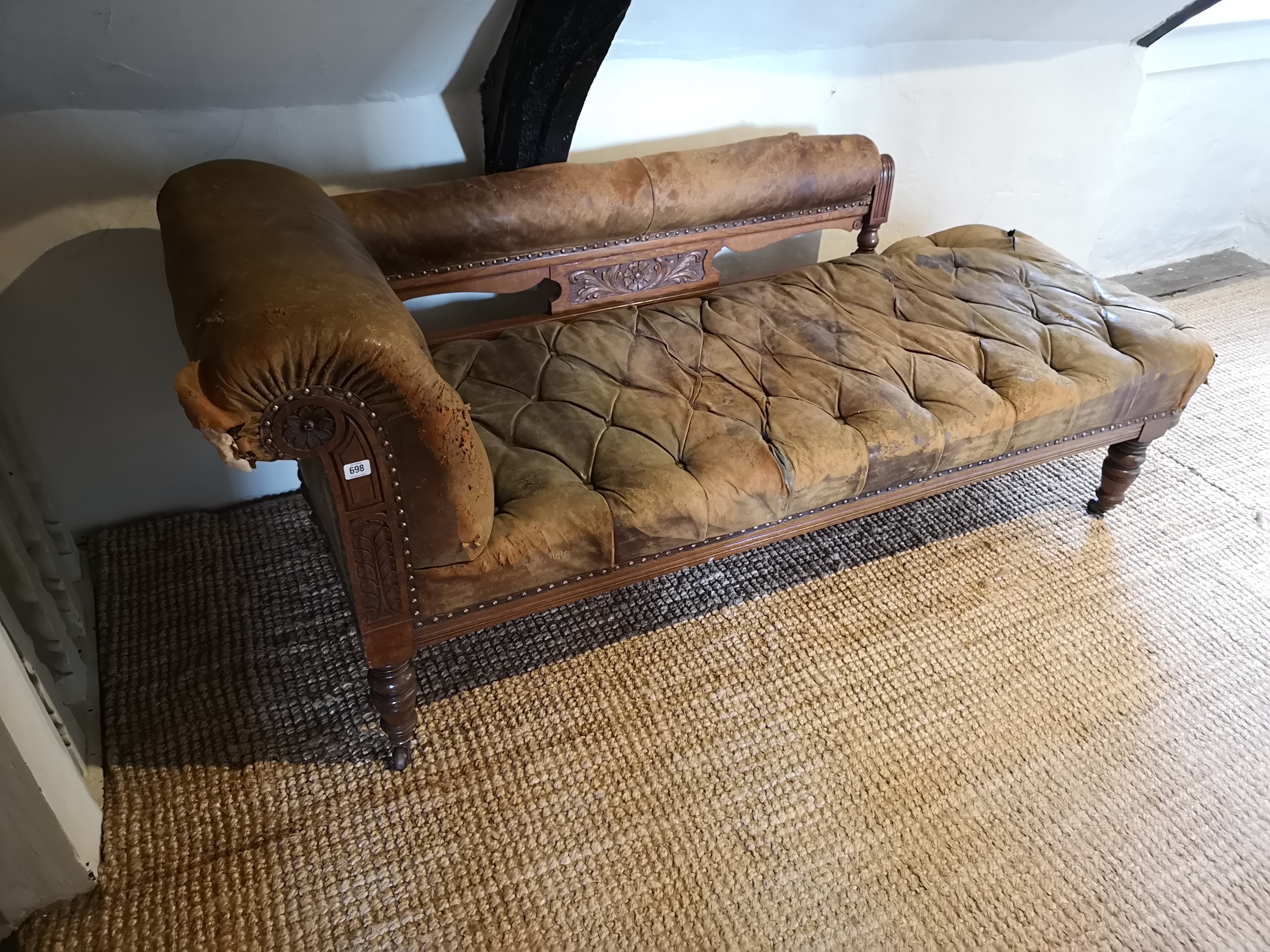 AN EDWARDIAN SATIN WALNUT CHAISE LOUNGE Upholstered in a distressed Moroccan tan leather. (180cm x - Image 2 of 2