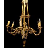 A 20TH CENTURY BRONZE SIX BRANCH CHANDELIER With pineapple finial, grape vines, foliage over