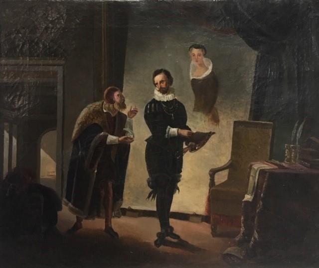 A 19TH CENTURY OIL OF CANVAS, INTERIOR SCENE An artist wearing Tudor attire, unframed. (approx