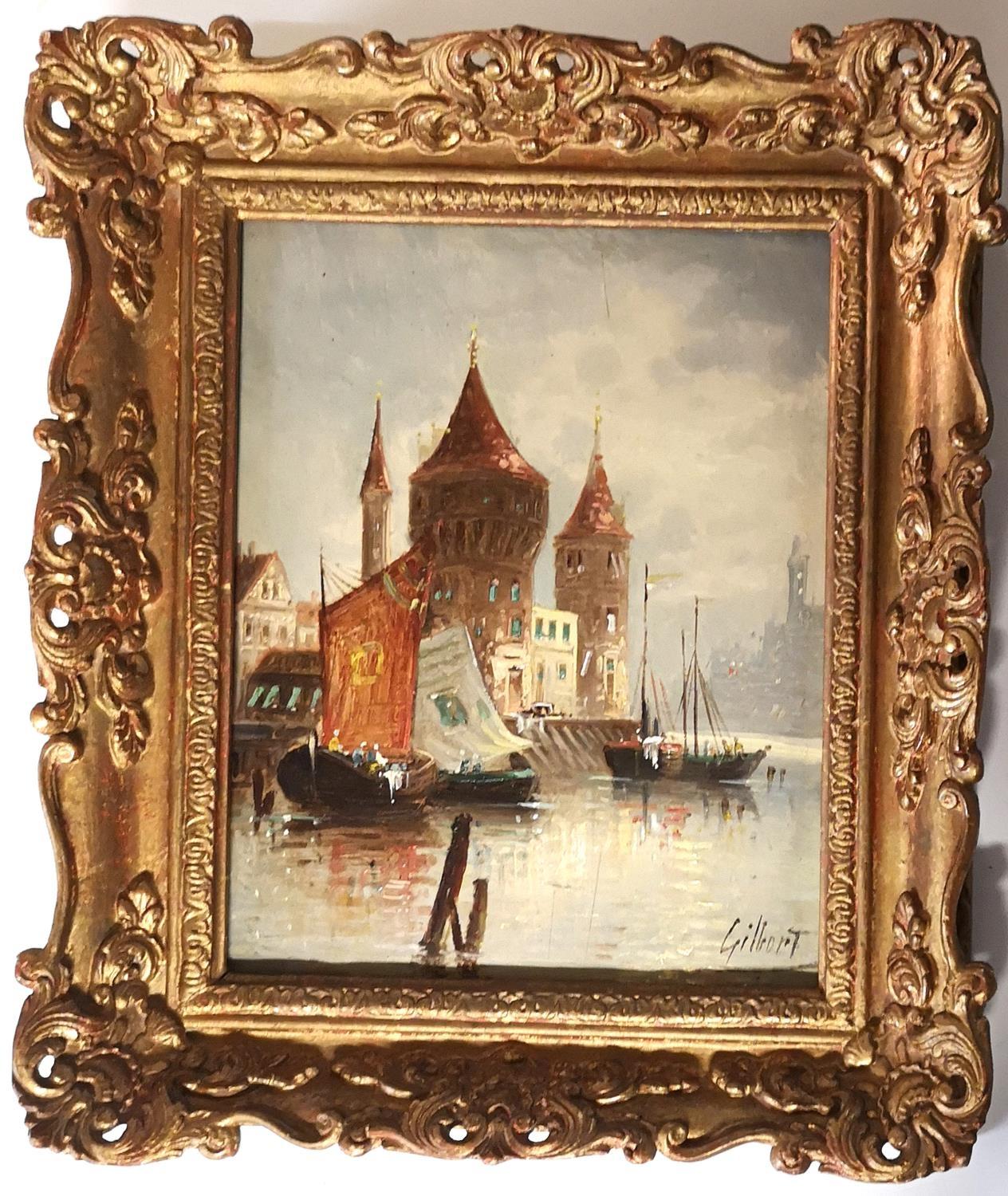 FREDERICK GILBERT, A 20TH CENTURY OIL ON BOARD View of a French river scene, gilt framed. (36cm x - Image 2 of 4