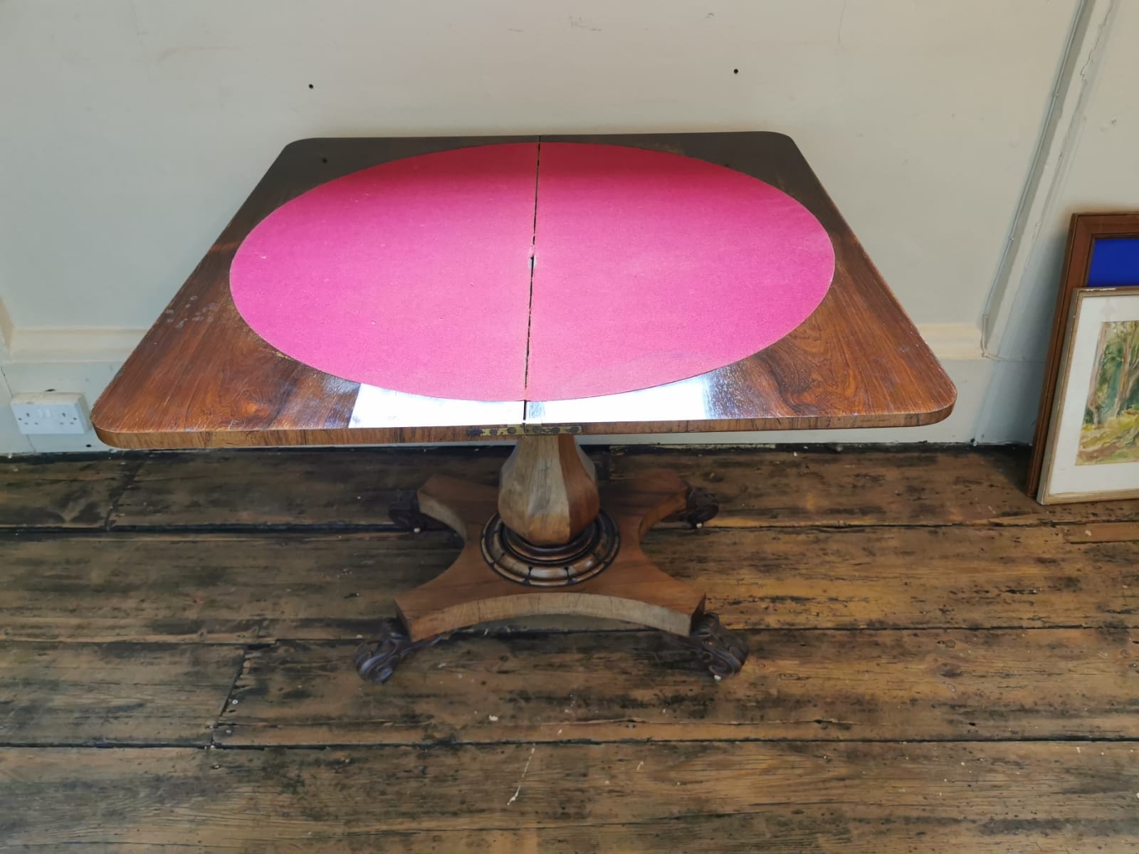 A WILLIAM IV BLEACHED ROSEWOOD FOLD OVER CARD TABLE With red circular playing surface raise on a - Image 2 of 2