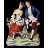 A CONTINENTAL PORCELAIN FIGURAL GROUP Courting couple with 18th Century attire. (approx 18cm x 19cm)