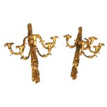 AN IMPRESSIVE PAIR OF 19TH CENTURY HEAVY GILDED BRONZE FIVE BRANCH WALL SCONCES With tied curtain