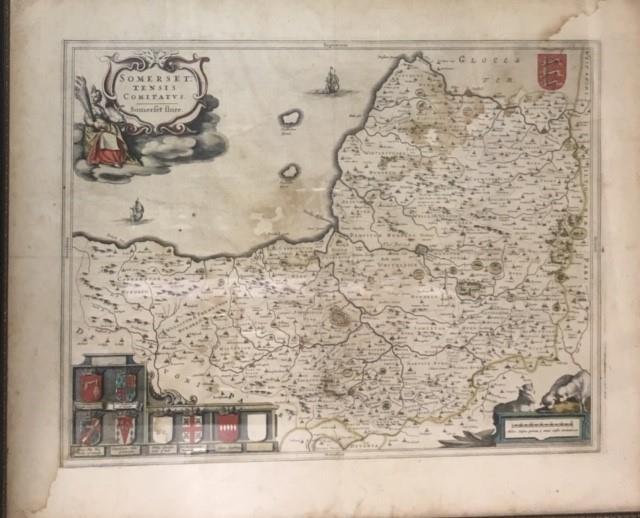 AN 18TH CENTURY HAND COLOURED MAP Titled 'Somertshire, Septentrio', having a figural cartouche and