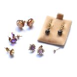 A COLLECTION OF VINTAGE 9CT GOLD EARRINGS Including a pair of sapphire and diamond, two pairs of