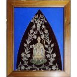 A 19TH CENTURY FRENCH GILT EMBROIDERED PICTURE Of a Bishop, framed. (59.5cm x 47cm)