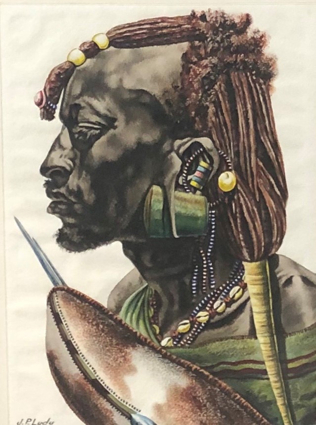 J P LUDU, KAMPALA, A PAIR OF WATERCOLOURS Tribal warriors Signed mounted framed and glazed 46 x 59 - Image 2 of 7