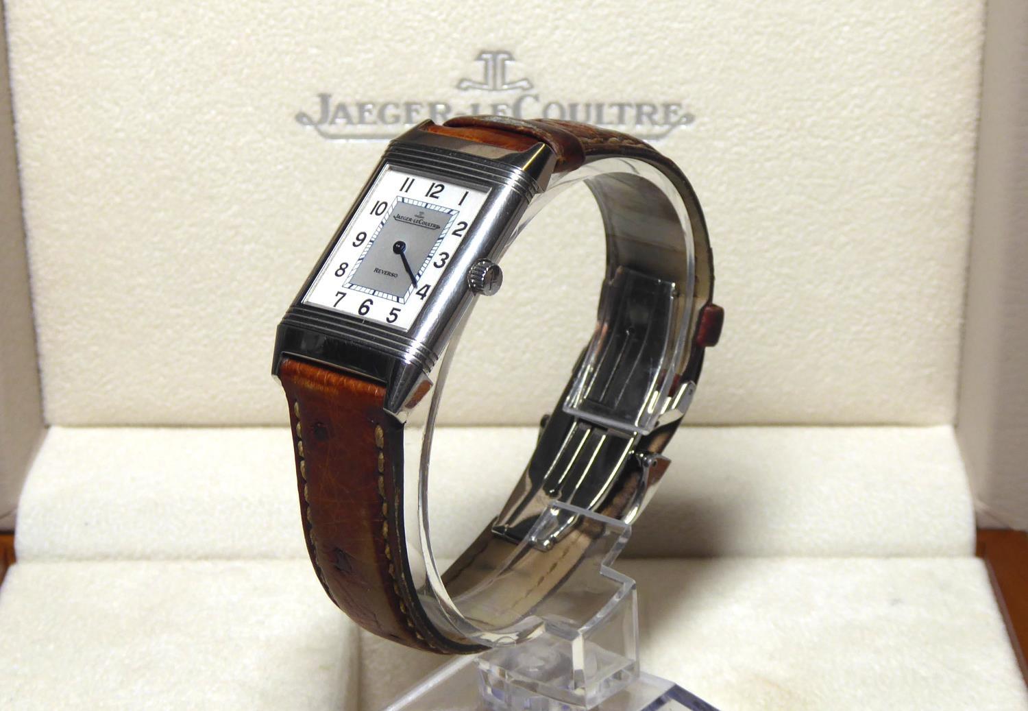 JAGUER LE COULTRE, A GENTLEMAN'S STAINLESS STEEL REVERSO WATCH On tan leather strap, boxed with - Image 3 of 5