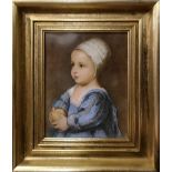 A CONTINENTAL PORCELAIN PORTRAIT PLAQUE Hand painted with a child in period attire holding an