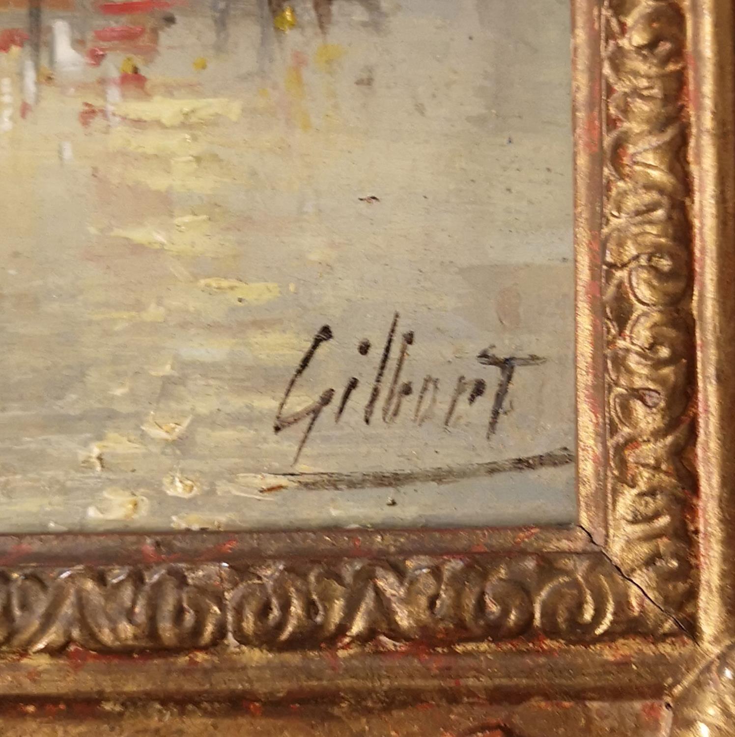 FREDERICK GILBERT, A 20TH CENTURY OIL ON BOARD View of a French river scene, gilt framed. (36cm x - Image 3 of 4