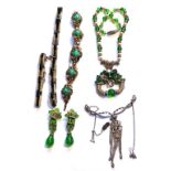 AN ART DECO SILVER, DIAMANTÉ AND PASTE NECKLACE AND EARRING SET Geometric form design with green